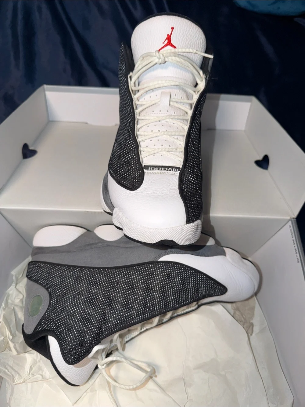 Jordan Men's Retro 13’s Athletic Sneakers - White/Black/Gray with Red Jumpman